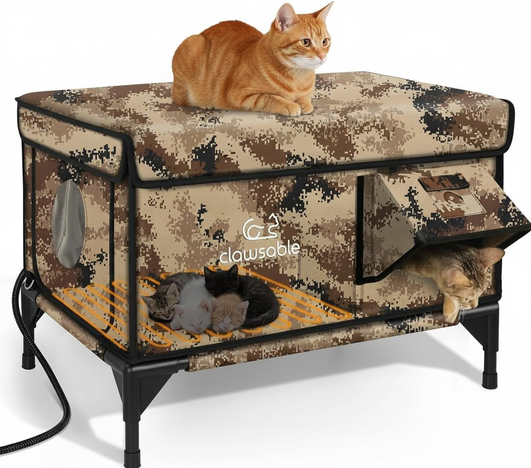 Indestructible Heated Cat House for outside Winter, 100% Waterproof, Safe Escape Door, Insulated Outdoor Cat Shelter with Heater for Feral Barn Cat Kitty (Forest Green, 27"X17"X18")