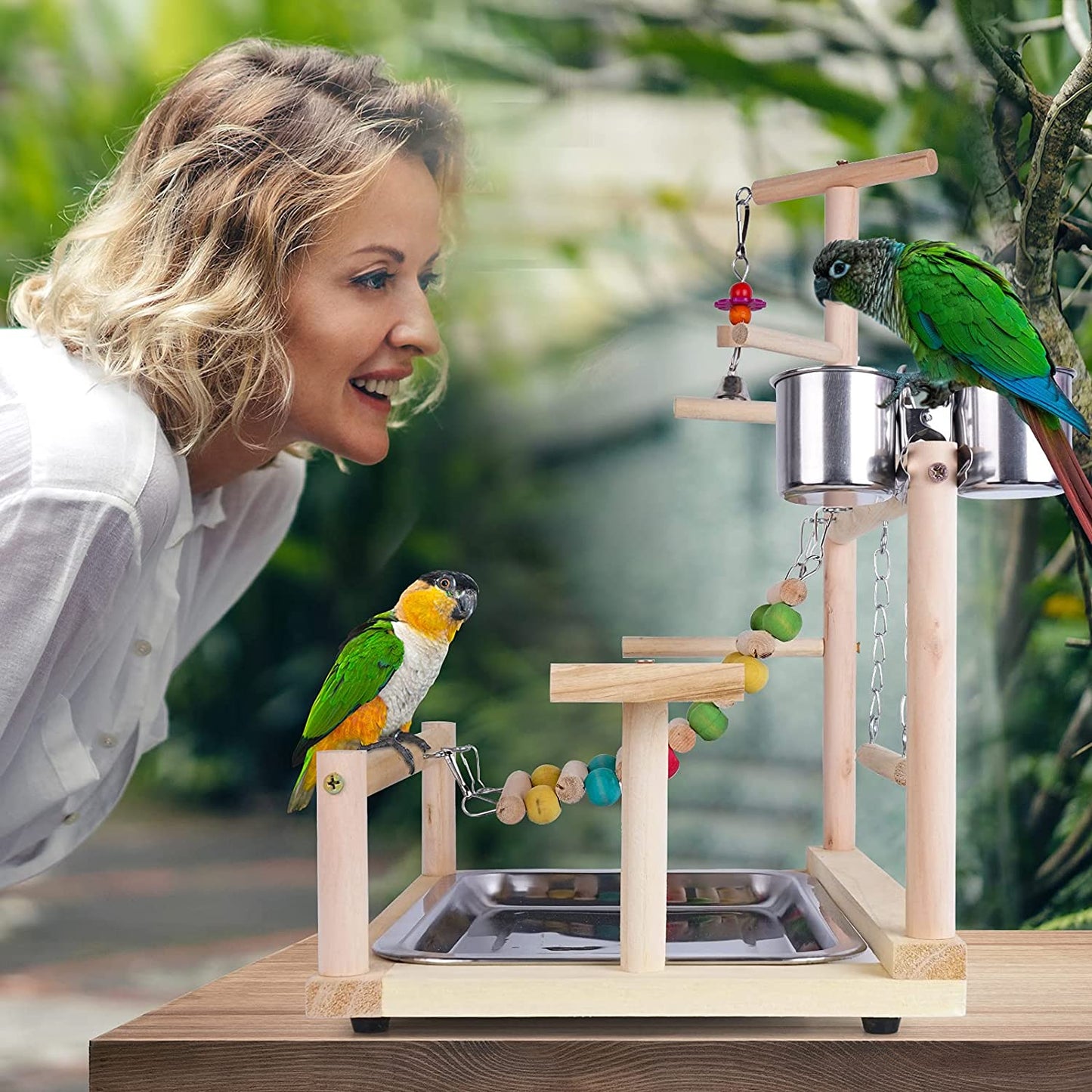 Ultimate Parrots Playground: Natural Wooden Bird Perch & Play Gym with Stainless Steel Feeding Accessories for Happy, Healthy Birds!