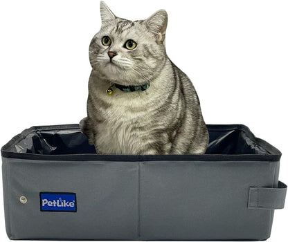 Portable Collapsible Travel Cat Litter Box - Leak-Proof Carrier for Small to Medium Cats (Light Grey)