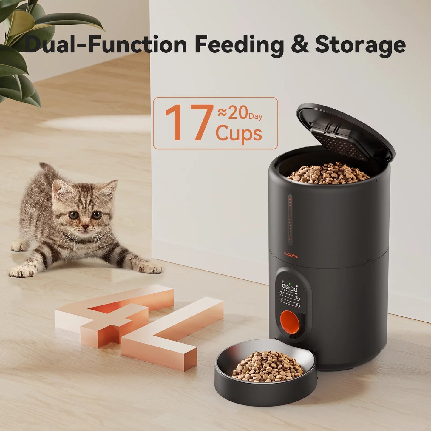 Smart Automatic Dog & Cat Feeder with Stainless Steel Bowl - 4L Capacity, Sleek Black Design