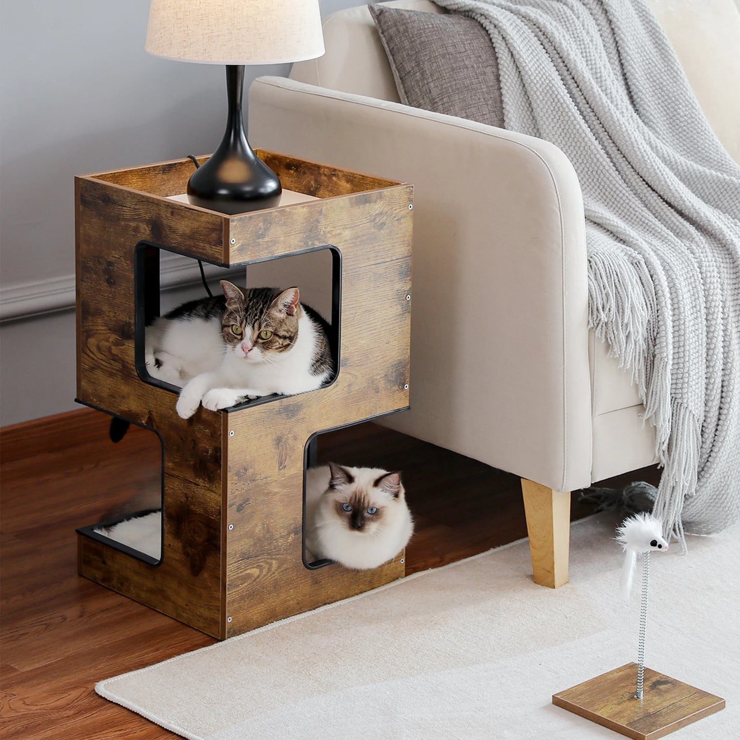 Stylish 23" Indoor Cat House - Modern Cat Tree Tower with Free Toy, Scratching Pad & Soft Mats - Cozy Brown Condo for Small Cats
