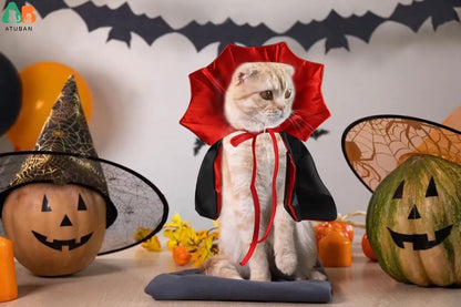 Spooktacular Halloween Cat Vampire Cloak - Adjustable Pet Cape Costume for Furry Friends!