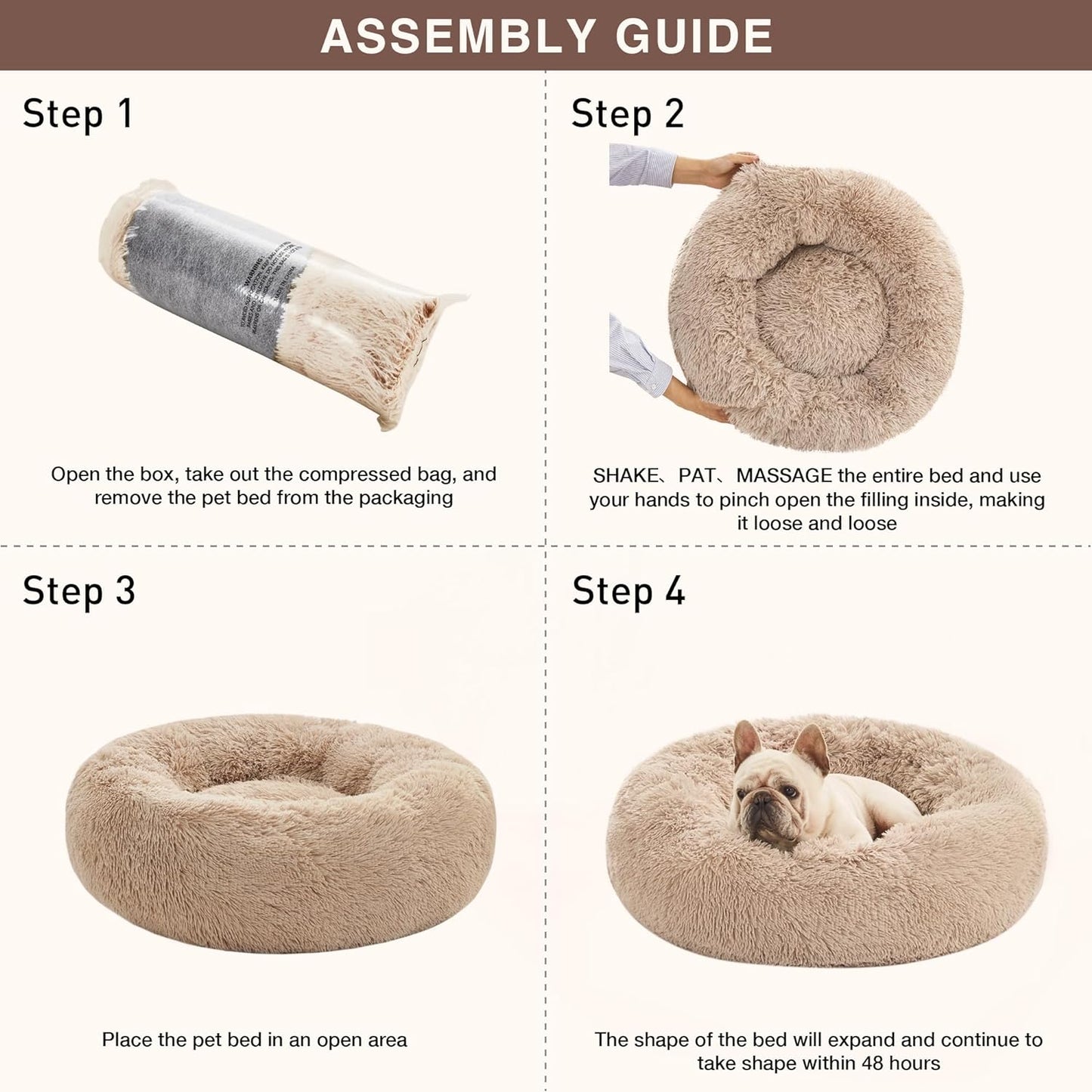 Cozy Taupe Anti-Anxiety Donut Cat & Dog Bed – Fluffy Faux Fur, Washable, Perfect for Small to Medium Pets, 24 Inch