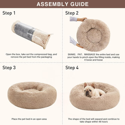 Cozy Taupe Anti-Anxiety Donut Cat & Dog Bed – Fluffy Faux Fur, Washable, Perfect for Small to Medium Pets, 24 Inch