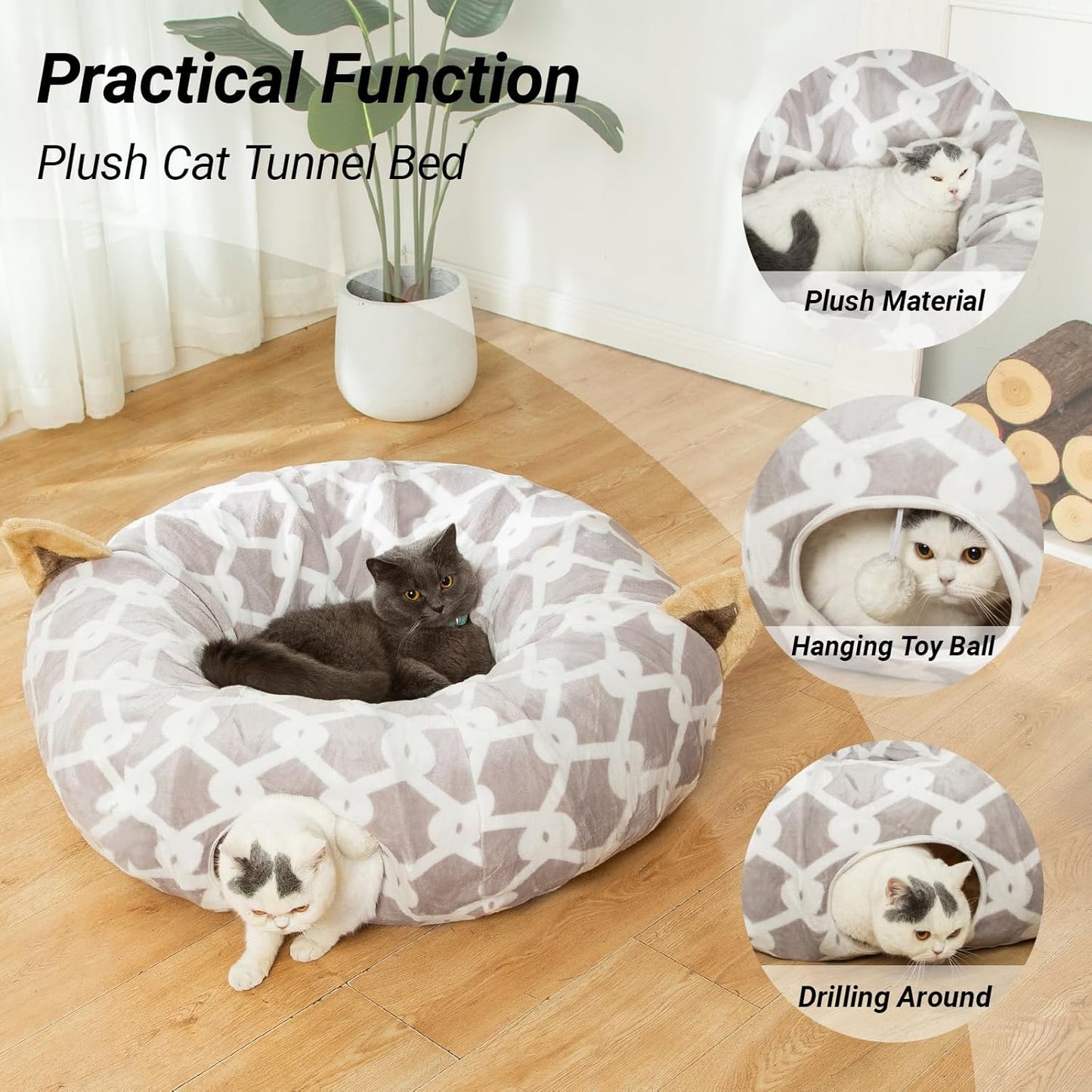 Cozy Large Cat Tunnel Bed with Fluffy Toy Balls & Cushion - Flexible 10" Diameter, 3 Ft Length - Perfect for Cats & Small Dogs - Stylish Gray Geometric Design