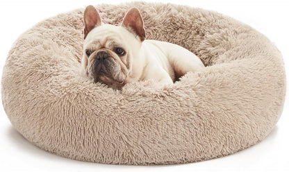 Cozy Taupe Anti-Anxiety Donut Cat & Dog Bed – Fluffy Faux Fur, Washable, Perfect for Small to Medium Pets, 24 Inch