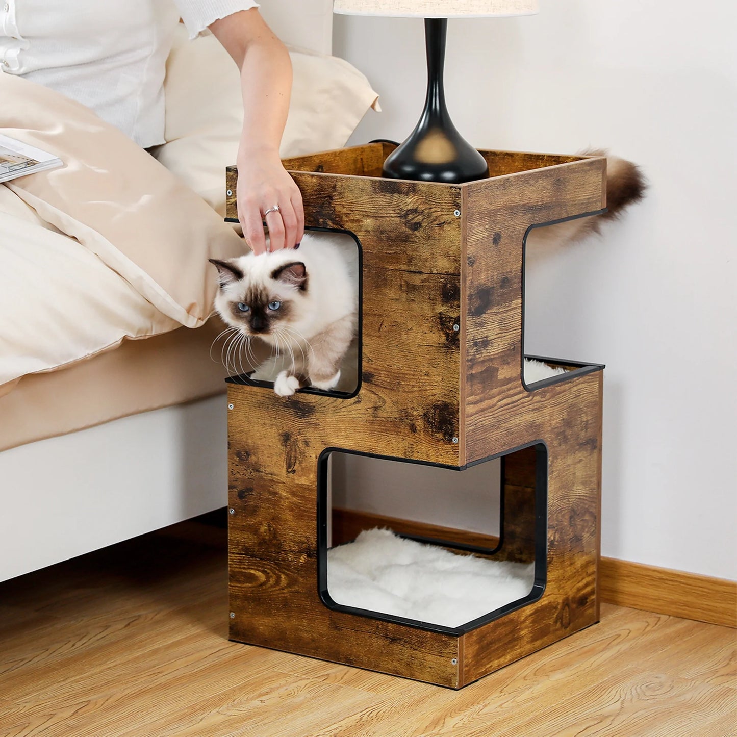 Stylish 23" Indoor Cat House - Modern Cat Tree Tower with Free Toy, Scratching Pad & Soft Mats - Cozy Brown Condo for Small Cats