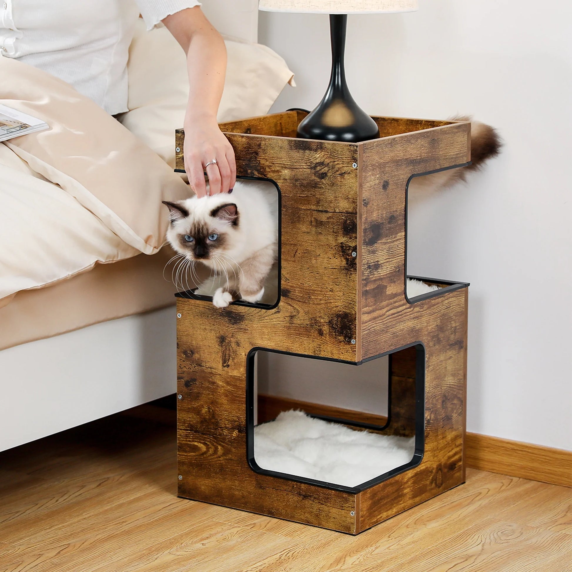 Stylish 23" Indoor Cat House - Modern Cat Tree Tower with Free Toy, Scratching Pad & Soft Mats - Cozy Brown Condo for Small Cats
