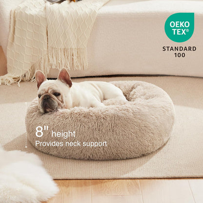 Cozy Taupe Anti-Anxiety Donut Cat & Dog Bed – Fluffy Faux Fur, Washable, Perfect for Small to Medium Pets, 24 Inch