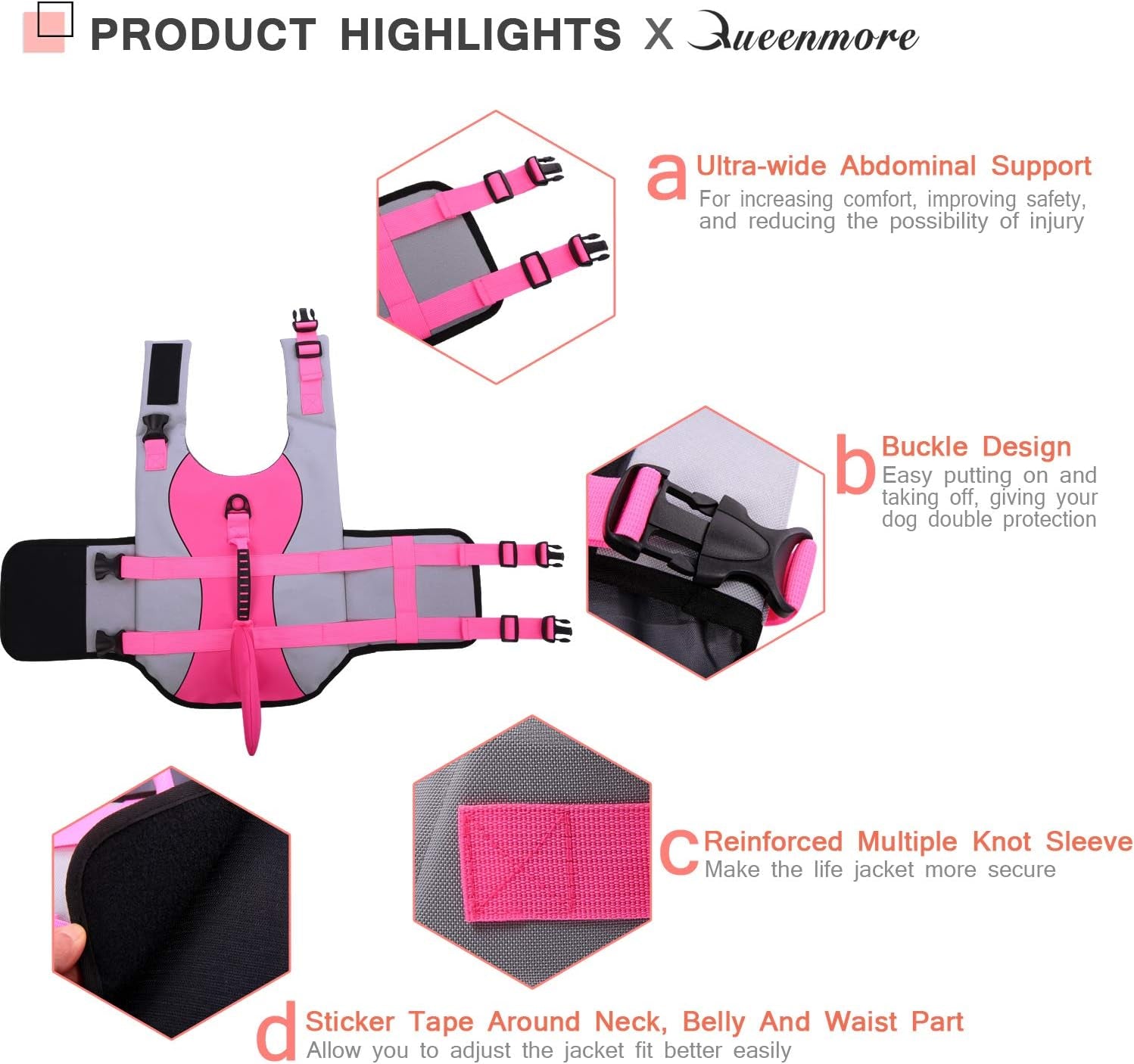 Adjustable Pink Shark Dog Life Jacket - Ripstop Safety Vest for All Sizes with High Buoyancy & Rescue Handle