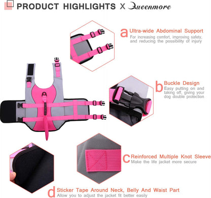 Adjustable Pink Shark Dog Life Jacket - Ripstop Safety Vest for All Sizes with High Buoyancy & Rescue Handle