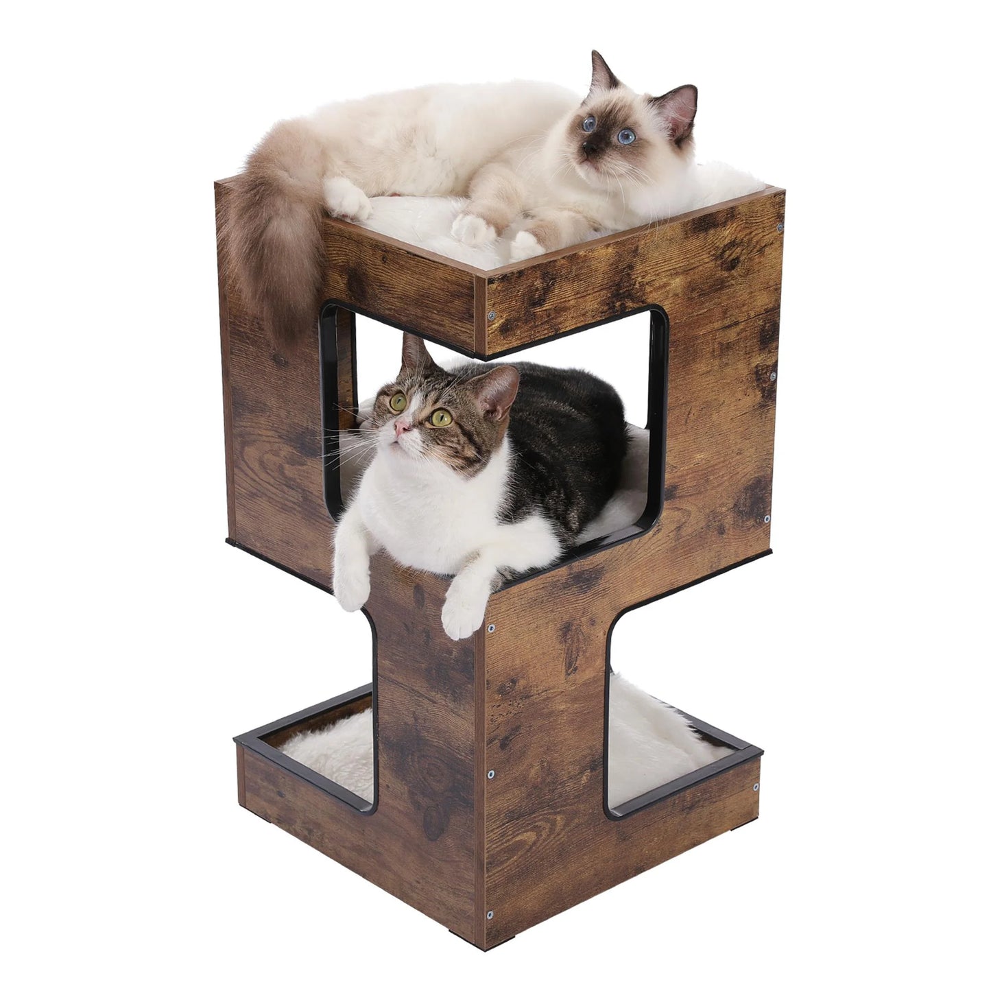 Stylish 23" Indoor Cat House - Modern Cat Tree Tower with Free Toy, Scratching Pad & Soft Mats - Cozy Brown Condo for Small Cats