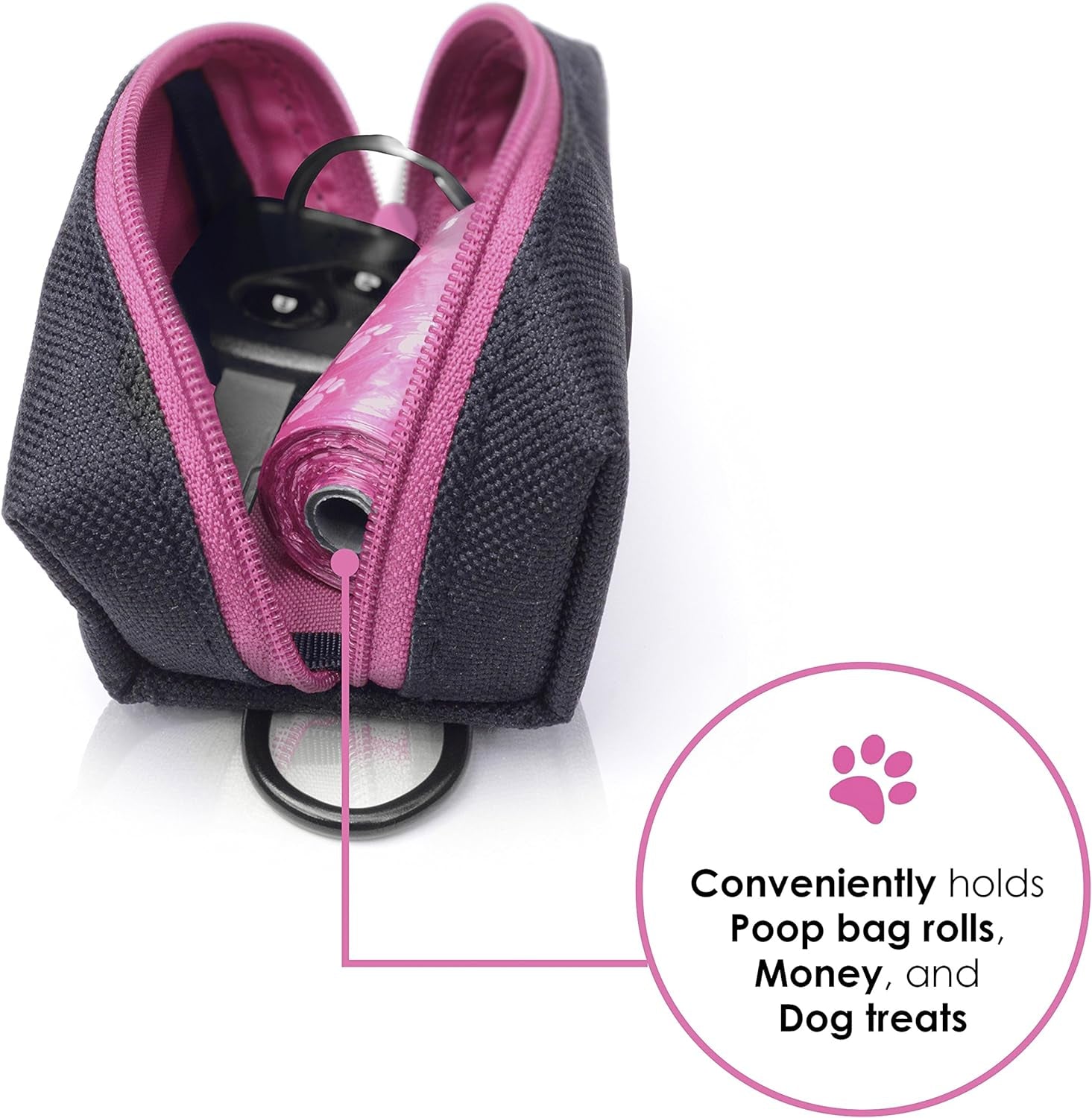 Ultimate Dog Poop Bag Holder & Leash Attachment - Universal Fit + Free Roll of Bags - Stylish Black & Magenta Dispenser