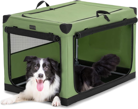 Premium 36-Inch Soft Dog Crate - Lightweight, Portable, and Easy Setup with Adjustable Framework and 3 Mesh Doors - Collapsible Green Dog Travel Kennel