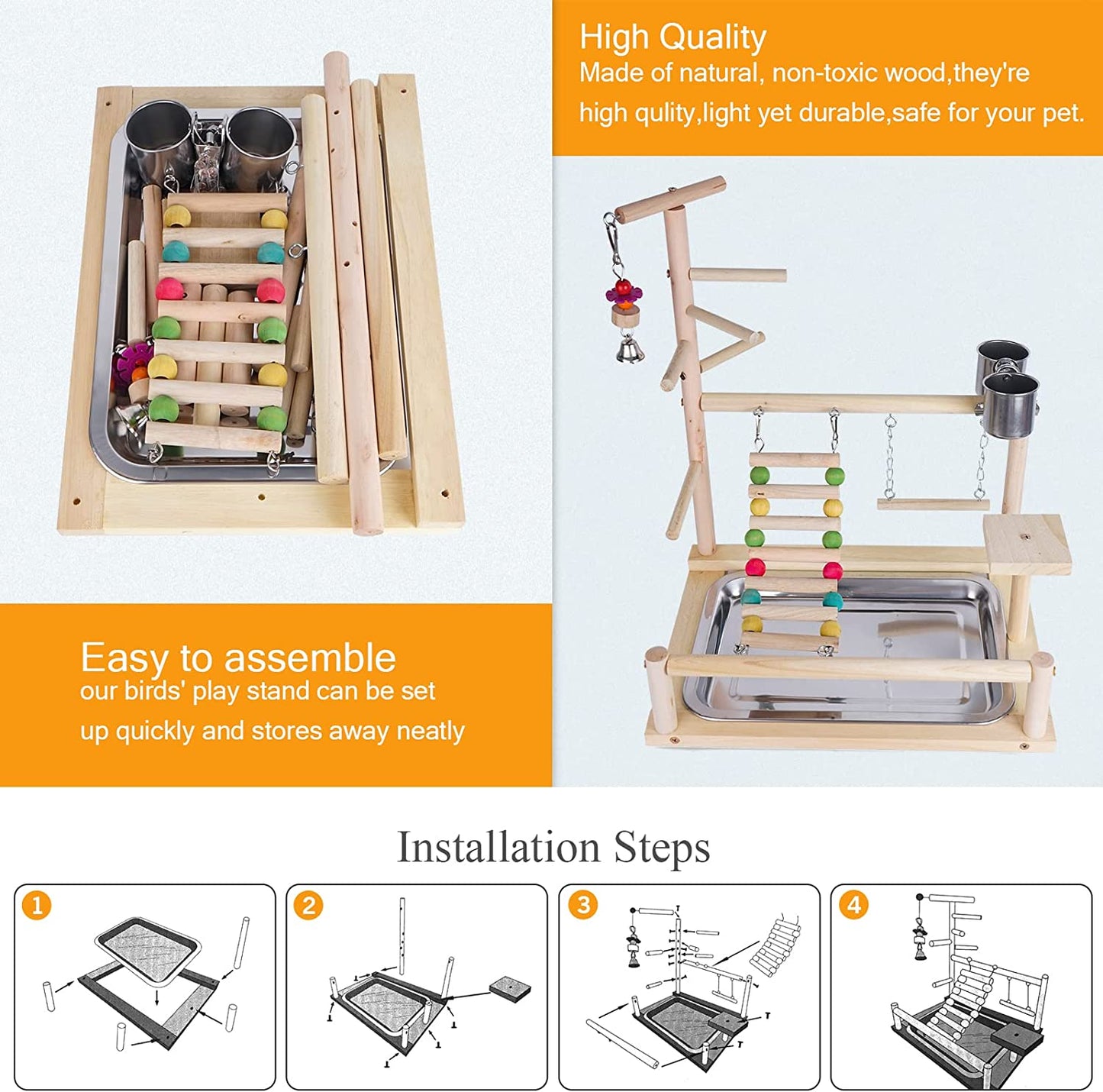 Ultimate Parrots Playground: Natural Wooden Bird Perch & Play Gym with Stainless Steel Feeding Accessories for Happy, Healthy Birds!