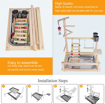Ultimate Parrots Playground: Natural Wooden Bird Perch & Play Gym with Stainless Steel Feeding Accessories for Happy, Healthy Birds!
