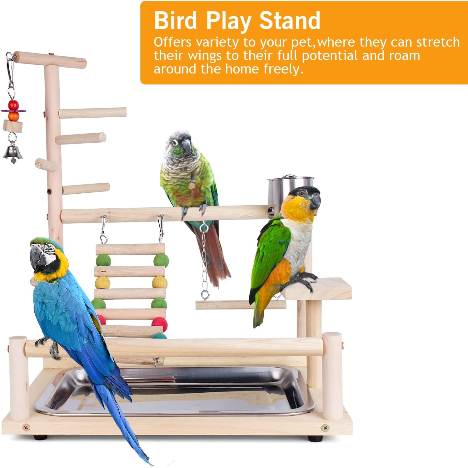 Ultimate Parrots Playground: Natural Wooden Bird Perch & Play Gym with Stainless Steel Feeding Accessories for Happy, Healthy Birds!