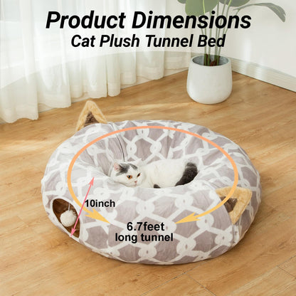 Cozy Large Cat Tunnel Bed with Fluffy Toy Balls & Cushion - Flexible 10" Diameter, 3 Ft Length - Perfect for Cats & Small Dogs - Stylish Gray Geometric Design