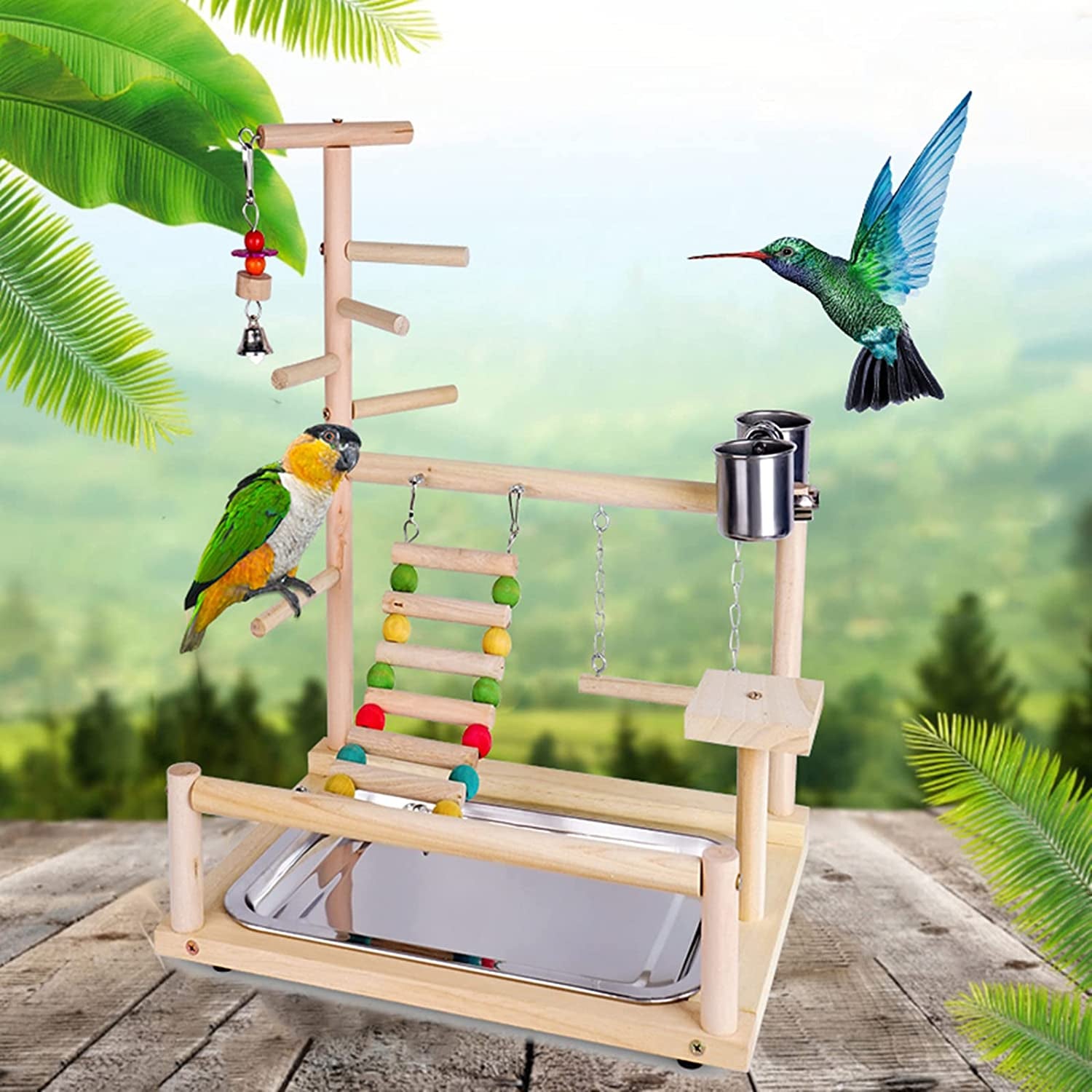Ultimate Parrots Playground: Natural Wooden Bird Perch & Play Gym with Stainless Steel Feeding Accessories for Happy, Healthy Birds!