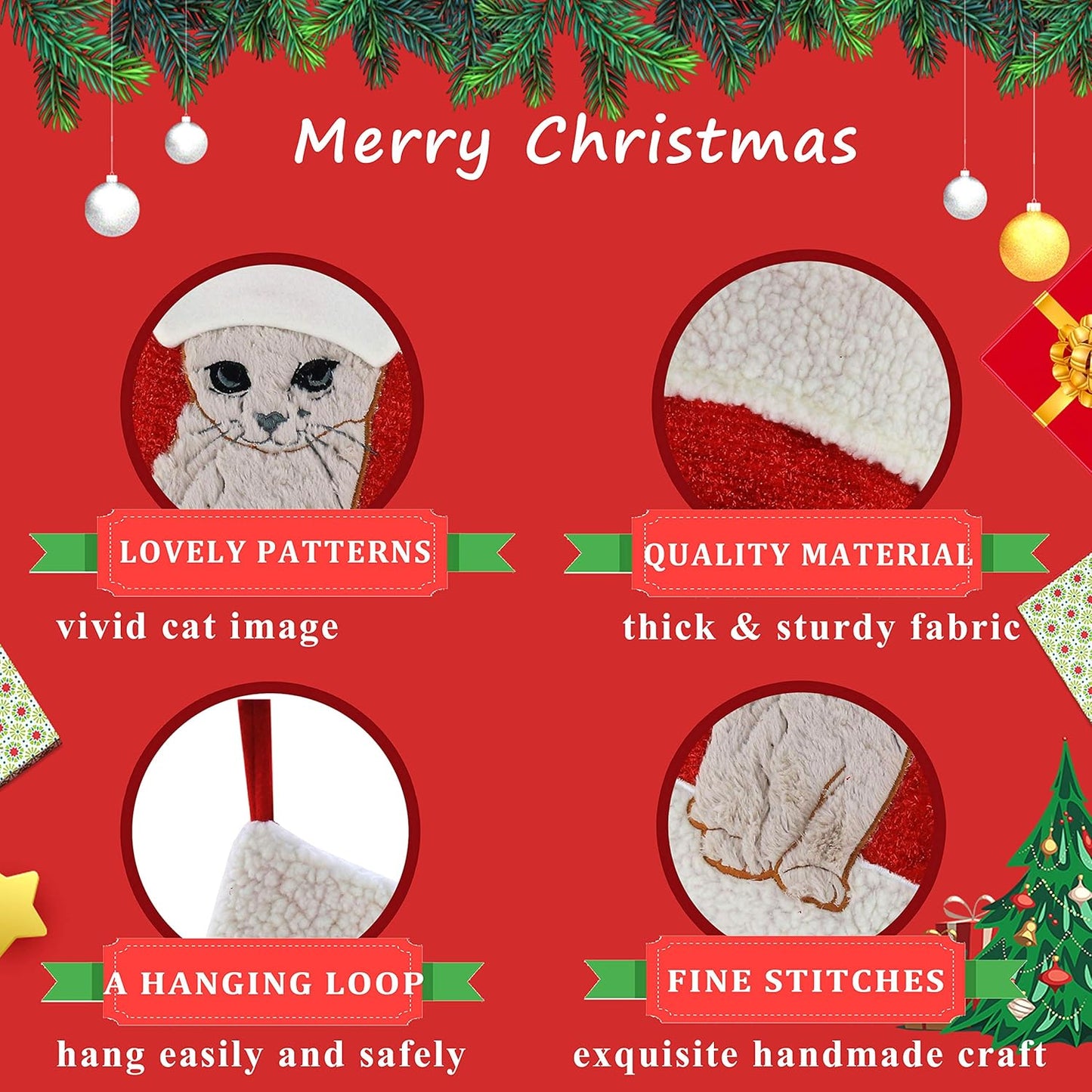 Adorable 20'' Embroidered Cat Christmas Stockings - Perfect Holiday Socks for Your Feline Friend!