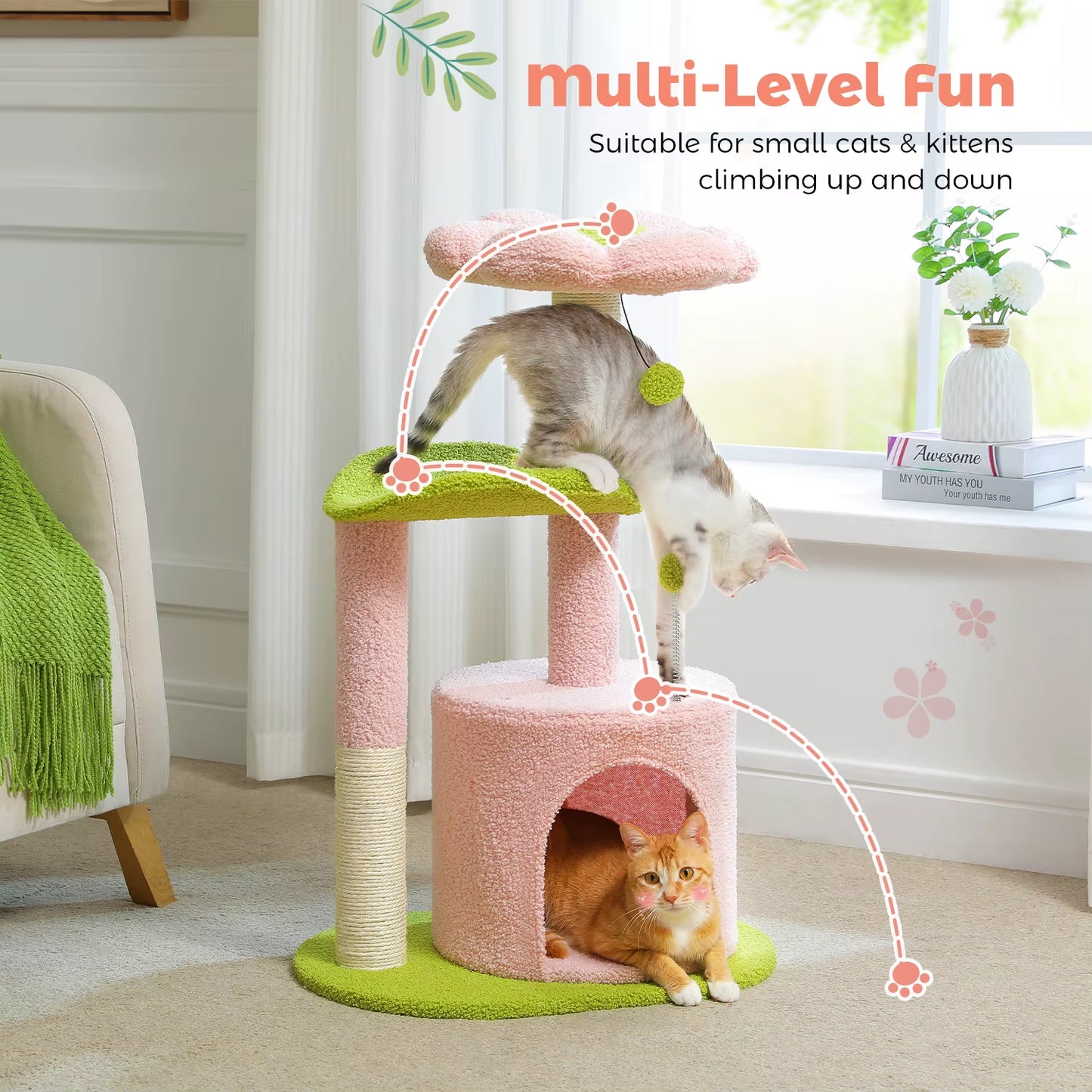 Cozy Cactus Cat Tree with Removable Bed - Stylish Small Cat Tower & Scratching Post for Indoor Cats