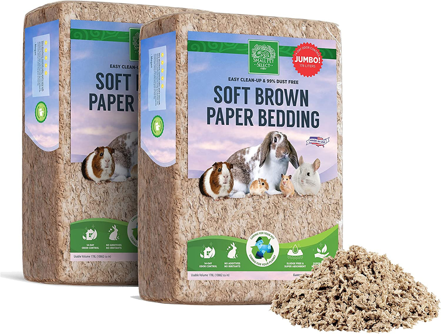 Premium Brown Natural Paper Bedding for Small Animals - Soft, Odor-Controlled Cage Accessories for Guinea Pigs, Rabbits, and Hamsters - Made in the USA (178L, 2 Pack)