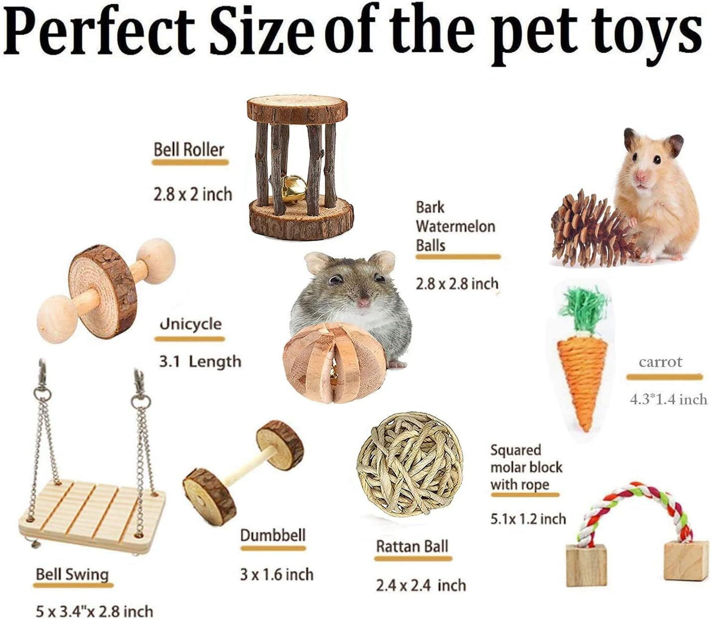 12PCS Natural Wooden Chew Toys for Hamsters, Guinea Pigs, and Rabbits - Dental Care & Exercise Set with Dumbbells, Bells, and Rollers