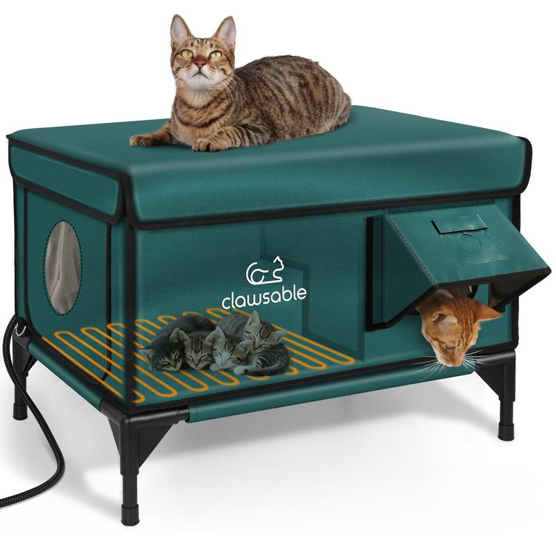 Clawsable Indestructible Heated Cat House for outside Cats Winter, 100% Weatherproof, Safe Escape Door, Insulated Outdoor Cat Shelter with Heater for Feral Barn Cat Kitty