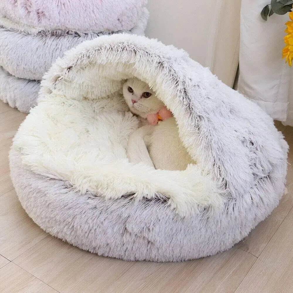 Cozy 2-in-1 Plush Hooded Cat & Dog Bed - Round Fluffy Sleeping Nest for Small Pets