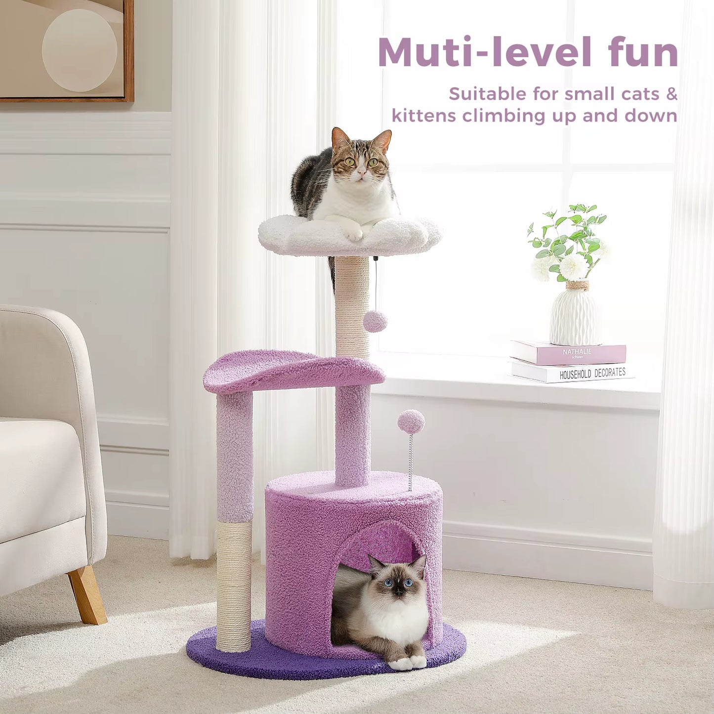 Cozy Cactus Cat Tree with Removable Bed - Stylish Small Cat Tower & Scratching Post for Indoor Cats