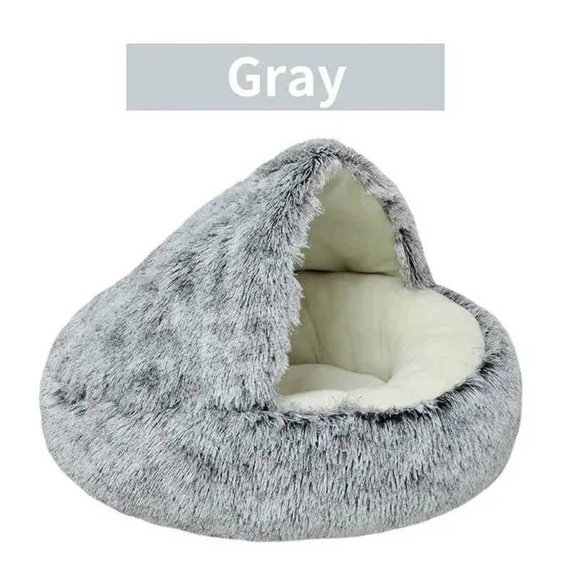 Cozy 2-in-1 Plush Hooded Cat & Dog Bed - Round Fluffy Sleeping Nest for Small Pets