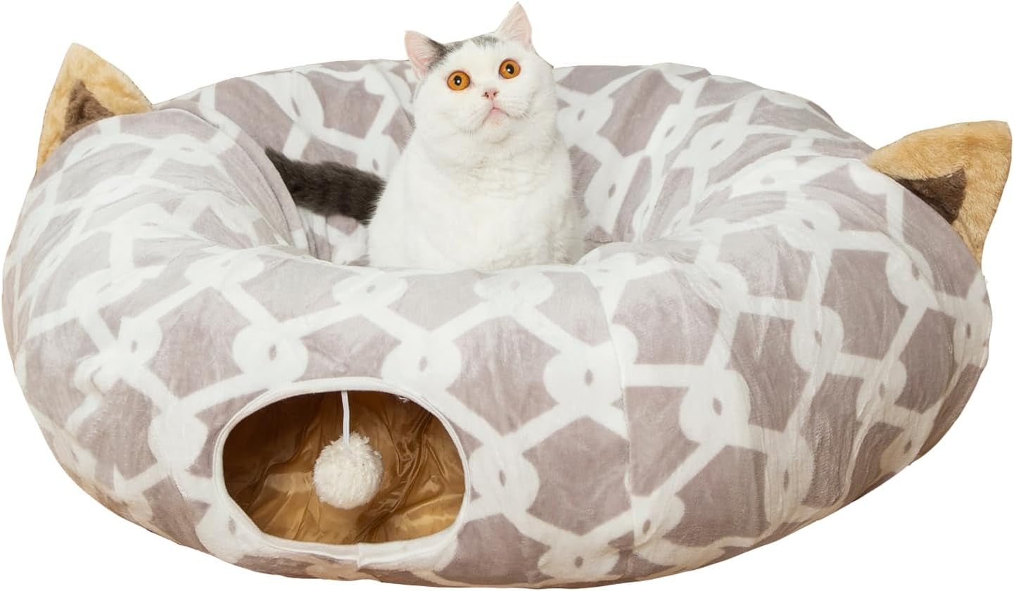 Cozy Large Cat Tunnel Bed with Fluffy Toy Balls & Cushion - Flexible 10" Diameter, 3 Ft Length - Perfect for Cats & Small Dogs - Stylish Gray Geometric Design