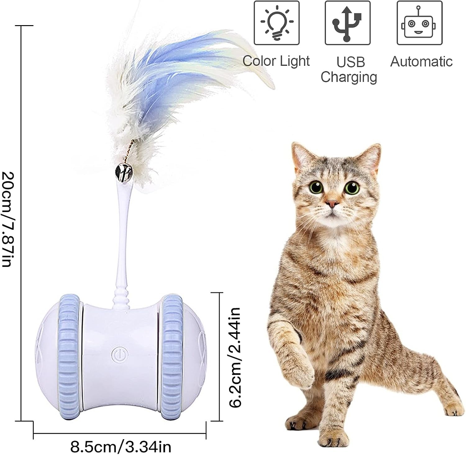 Exciting Automatic Cat Feather Toy - Interactive 360° Rotating Ball with LED Light, USB Rechargeable, and Replaceable Feathers - Perfect Indoor Fun for Your Feline (Blue)