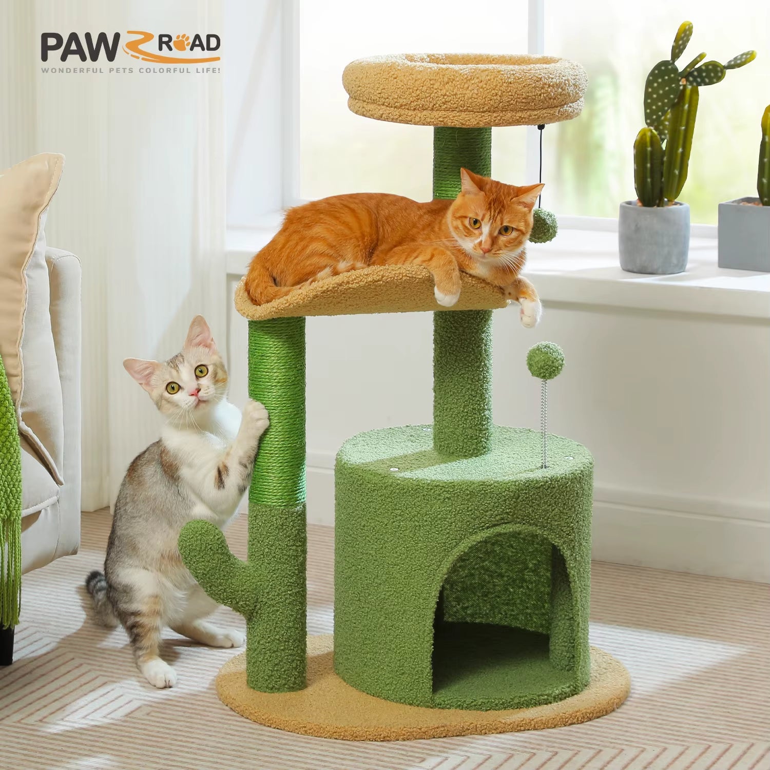 Cozy Cactus Cat Tree with Removable Bed - Stylish Small Cat Tower & Scratching Post for Indoor Cats