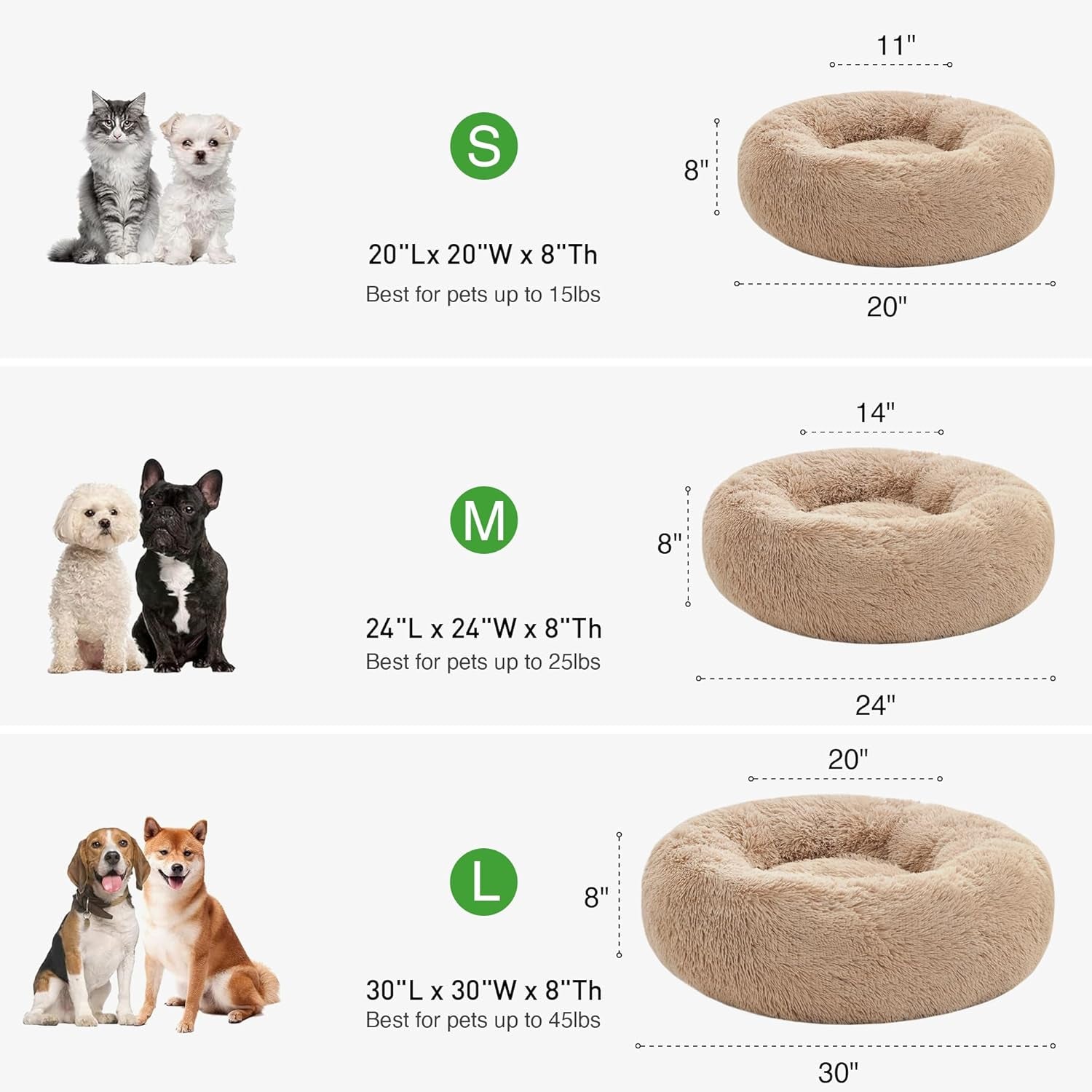 Cozy Taupe Anti-Anxiety Donut Cat & Dog Bed – Fluffy Faux Fur, Washable, Perfect for Small to Medium Pets, 24 Inch