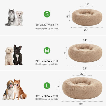 Cozy Taupe Anti-Anxiety Donut Cat & Dog Bed – Fluffy Faux Fur, Washable, Perfect for Small to Medium Pets, 24 Inch
