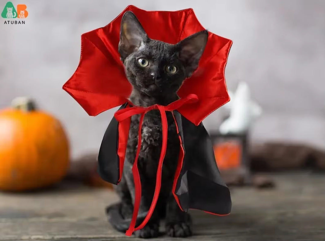 Spooktacular Halloween Cat Vampire Cloak - Adjustable Pet Cape Costume for Furry Friends!
