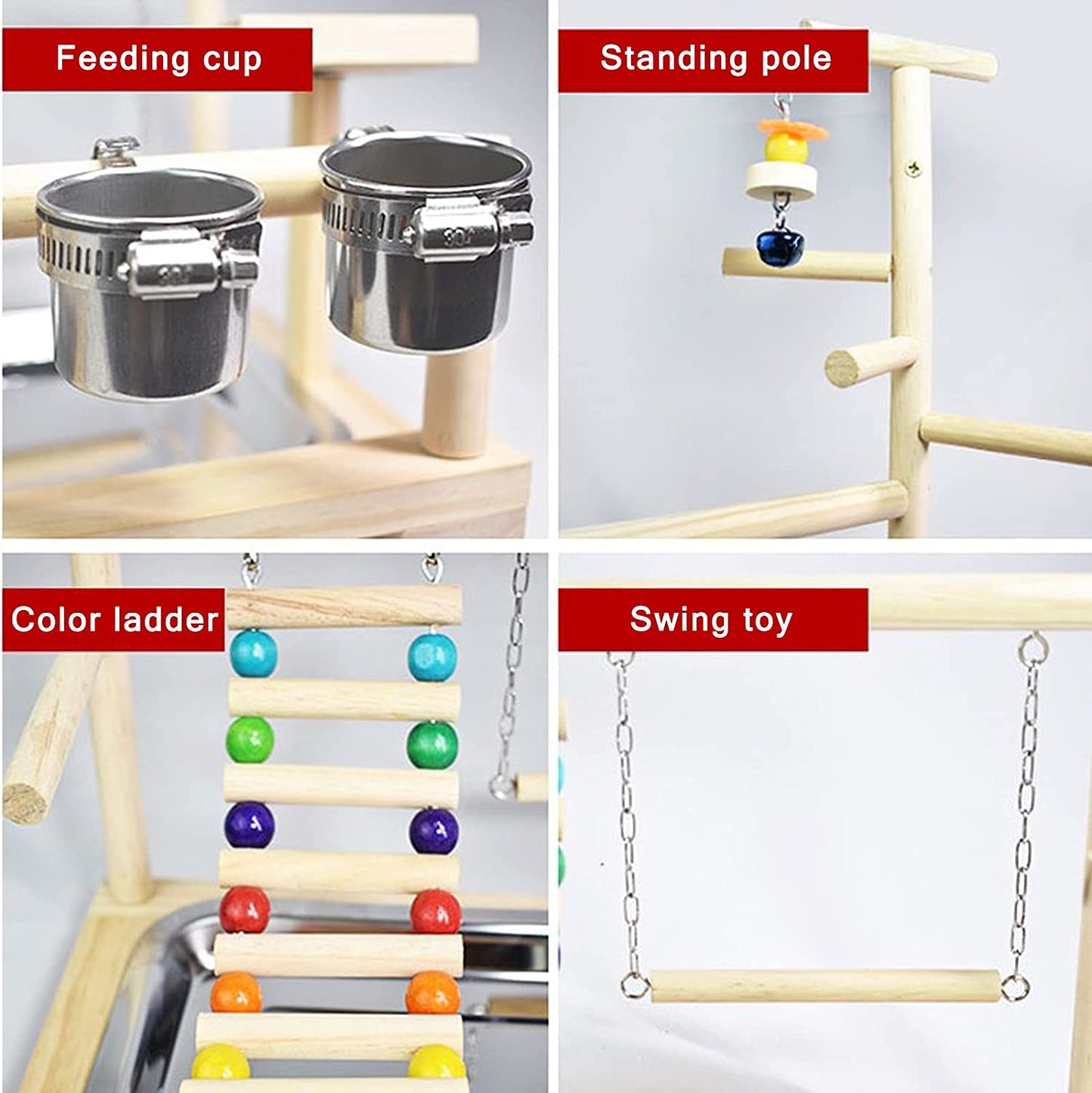 Ultimate Parrots Playground: Natural Wooden Bird Perch & Play Gym with Stainless Steel Feeding Accessories for Happy, Healthy Birds!