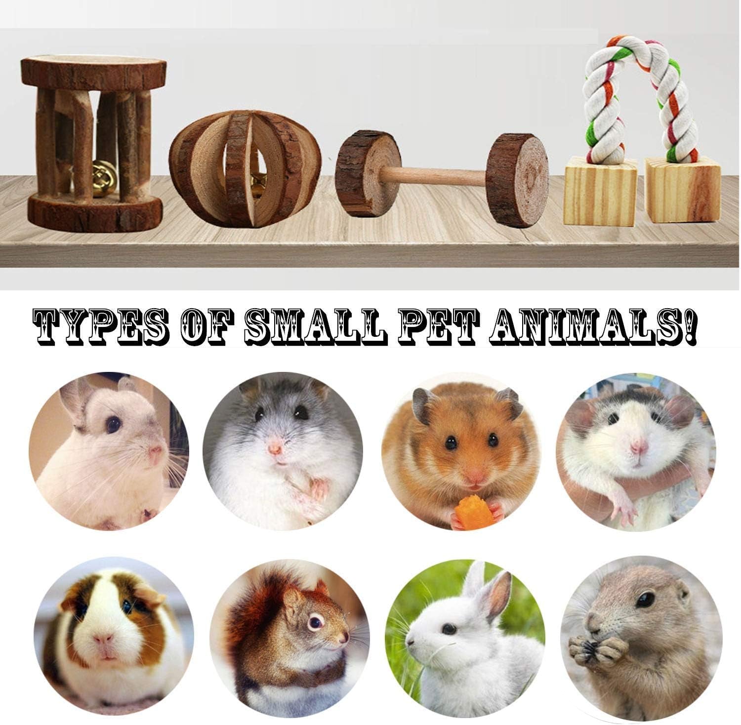 12PCS Natural Wooden Chew Toys for Hamsters, Guinea Pigs, and Rabbits - Dental Care & Exercise Set with Dumbbells, Bells, and Rollers