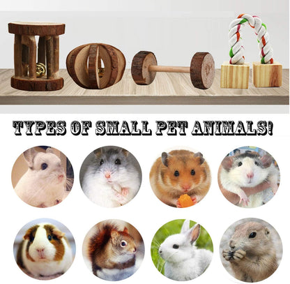12PCS Natural Wooden Chew Toys for Hamsters, Guinea Pigs, and Rabbits - Dental Care & Exercise Set with Dumbbells, Bells, and Rollers