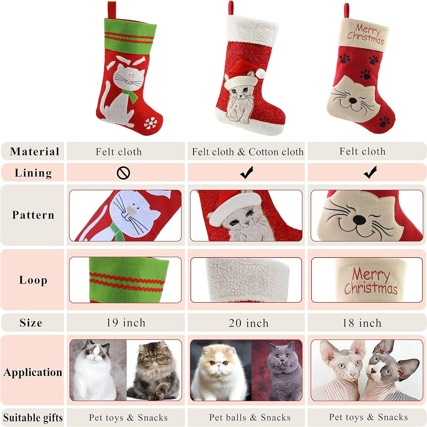 Adorable 20'' Embroidered Cat Christmas Stockings - Perfect Holiday Socks for Your Feline Friend!