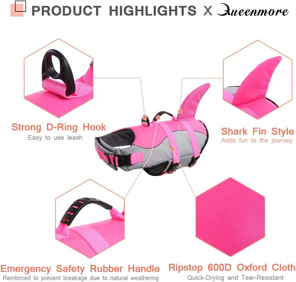 Adjustable Pink Shark Dog Life Jacket - Ripstop Safety Vest for All Sizes with High Buoyancy & Rescue Handle