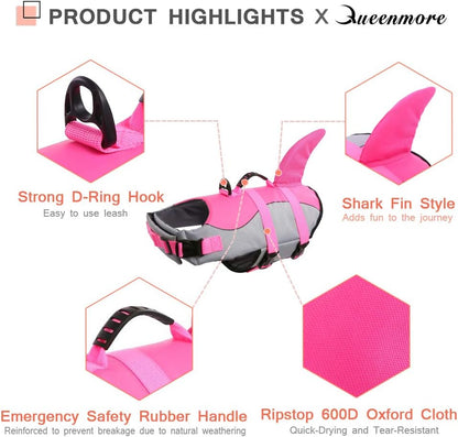 Adjustable Pink Shark Dog Life Jacket - Ripstop Safety Vest for All Sizes with High Buoyancy & Rescue Handle