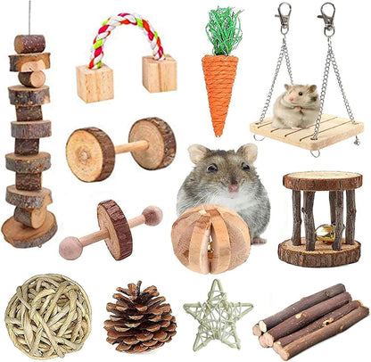 12PCS Natural Wooden Chew Toys for Hamsters, Guinea Pigs, and Rabbits - Dental Care & Exercise Set with Dumbbells, Bells, and Rollers