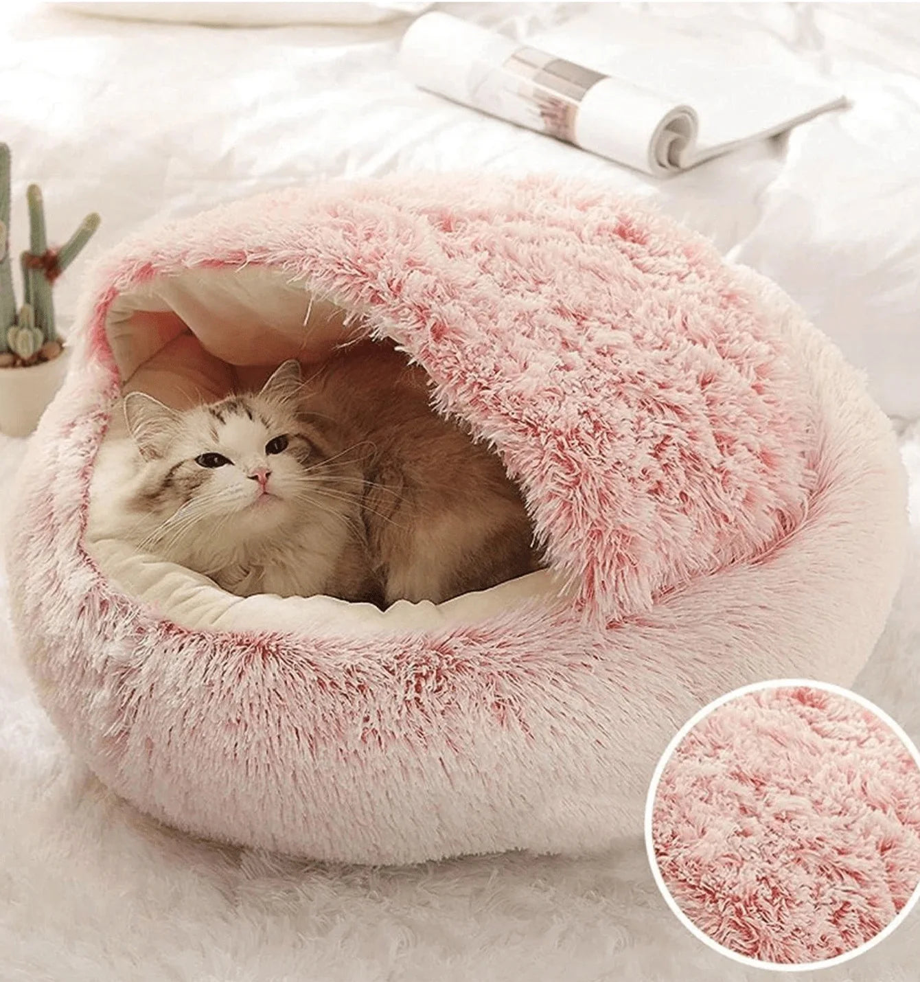 Cozy 2-in-1 Plush Hooded Cat & Dog Bed - Round Fluffy Sleeping Nest for Small Pets
