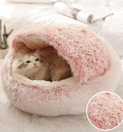 Cozy 2-in-1 Plush Hooded Cat & Dog Bed - Round Fluffy Sleeping Nest for Small Pets