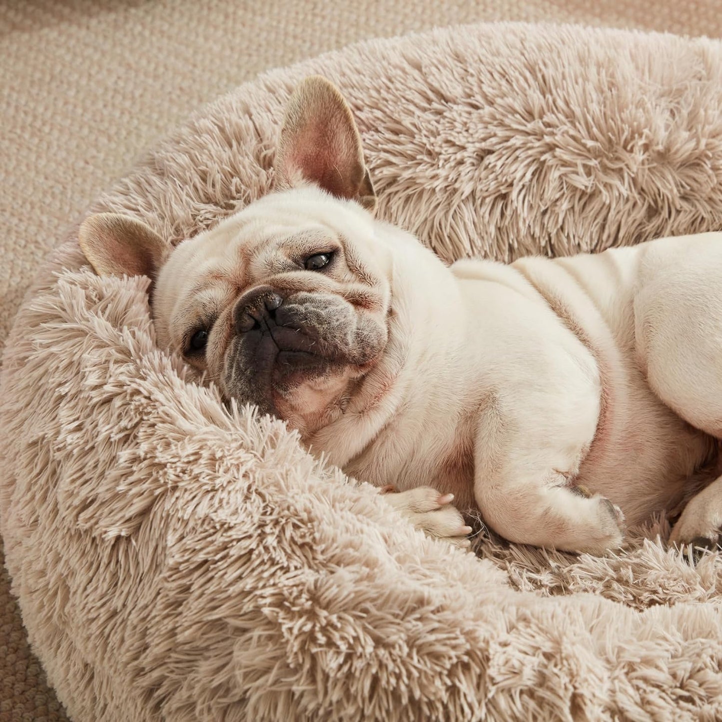 Cozy Taupe Anti-Anxiety Donut Cat & Dog Bed – Fluffy Faux Fur, Washable, Perfect for Small to Medium Pets, 24 Inch