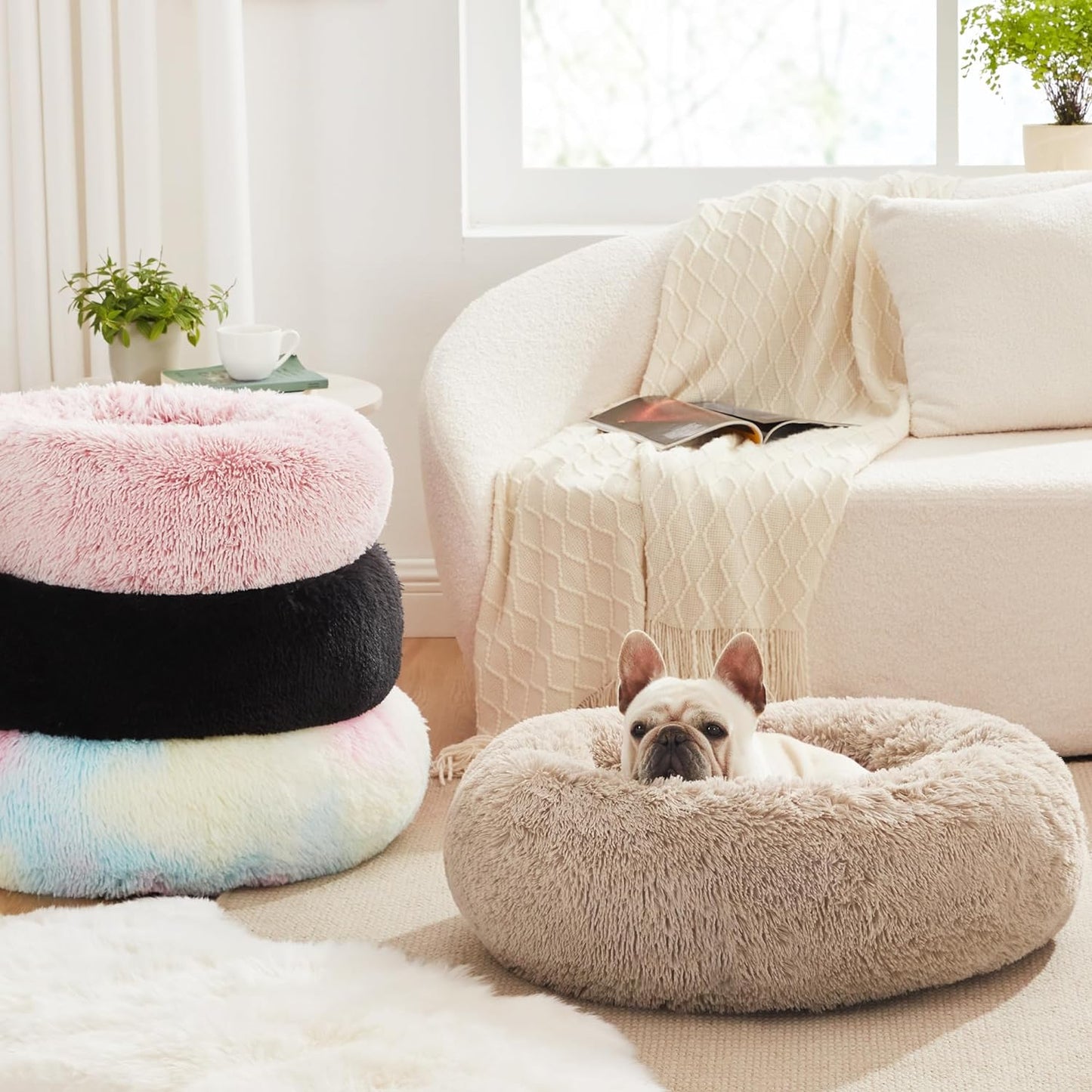 Cozy Taupe Anti-Anxiety Donut Cat & Dog Bed – Fluffy Faux Fur, Washable, Perfect for Small to Medium Pets, 24 Inch