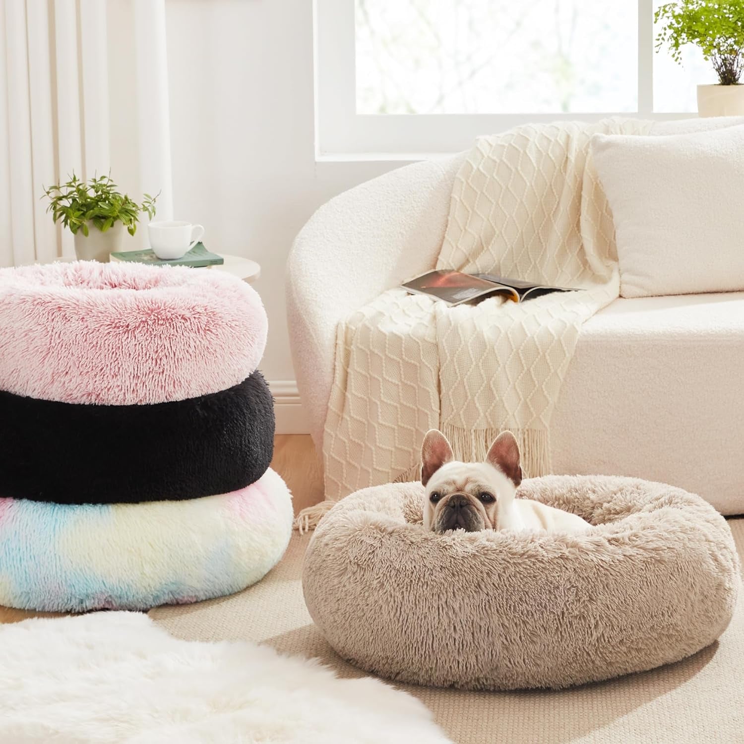 Cozy Taupe Anti-Anxiety Donut Cat & Dog Bed – Fluffy Faux Fur, Washable, Perfect for Small to Medium Pets, 24 Inch