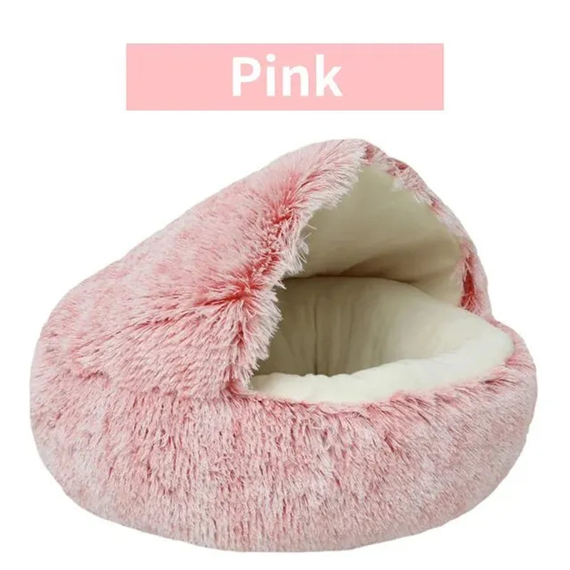 Cozy 2-in-1 Plush Hooded Cat & Dog Bed - Round Fluffy Sleeping Nest for Small Pets